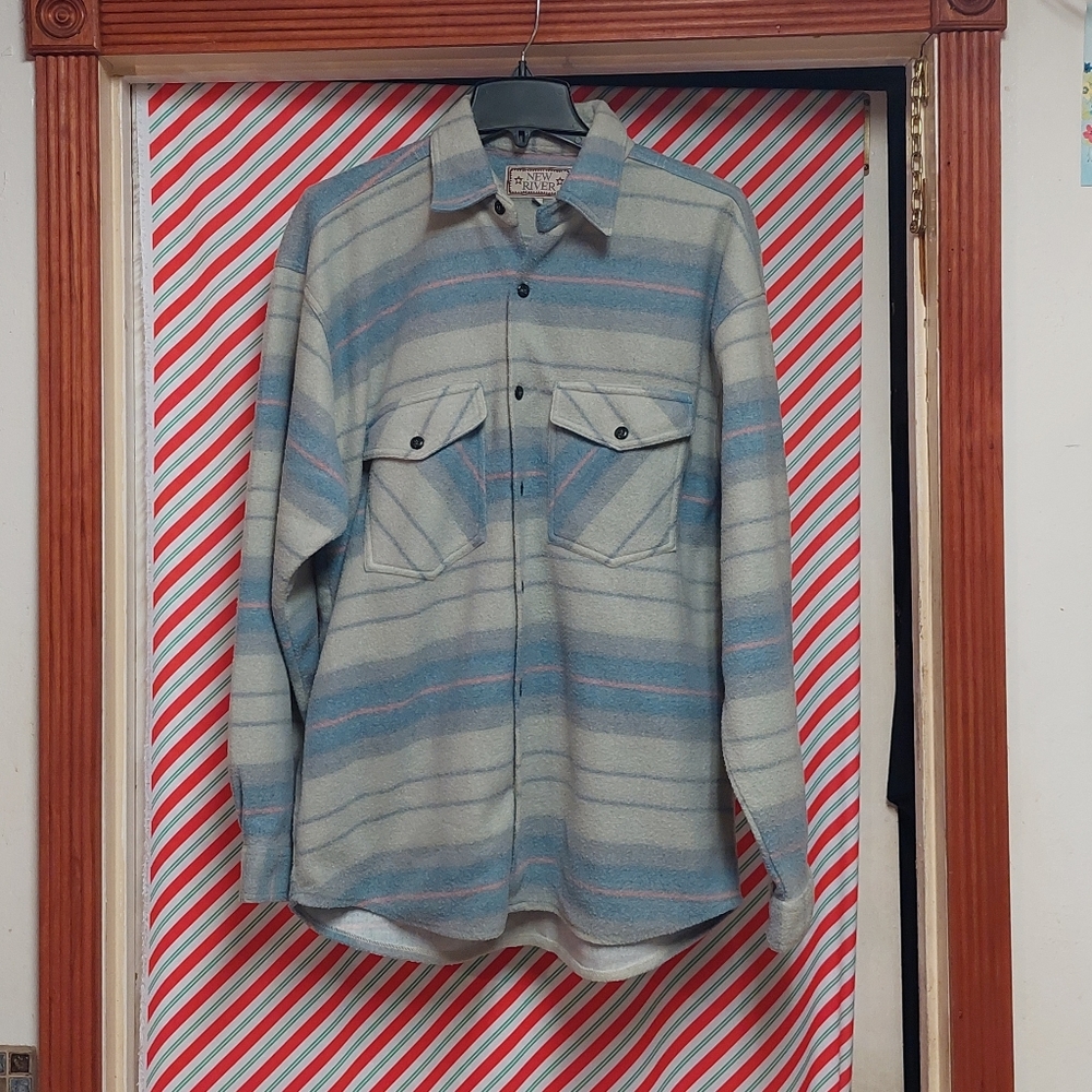 New River Striped Button-Up Flannel Shirt - Blue and Gray